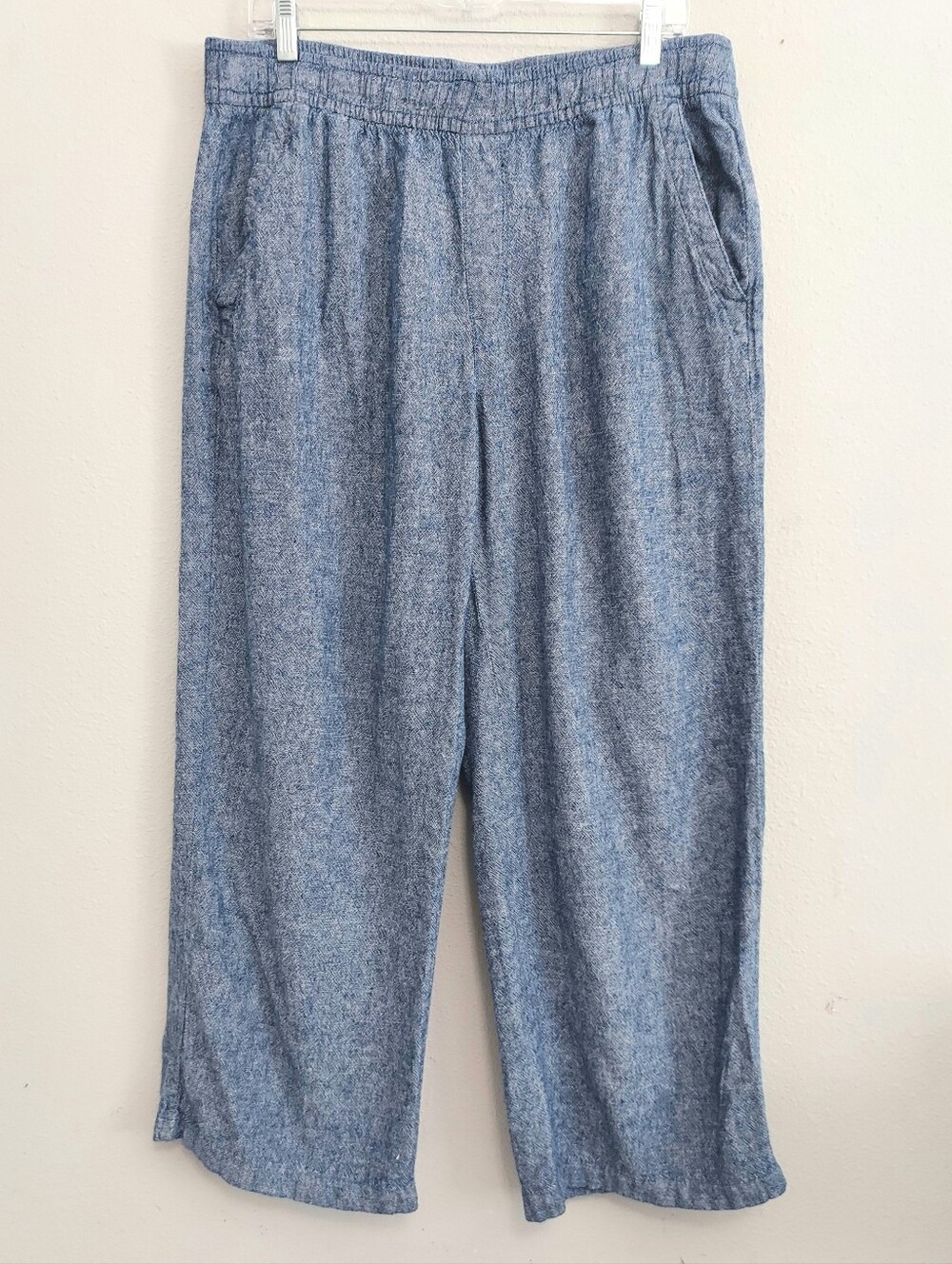 Old Navy Linen Blend Wide Leg Cropped Chambray Blue Pants L Beach Coastal